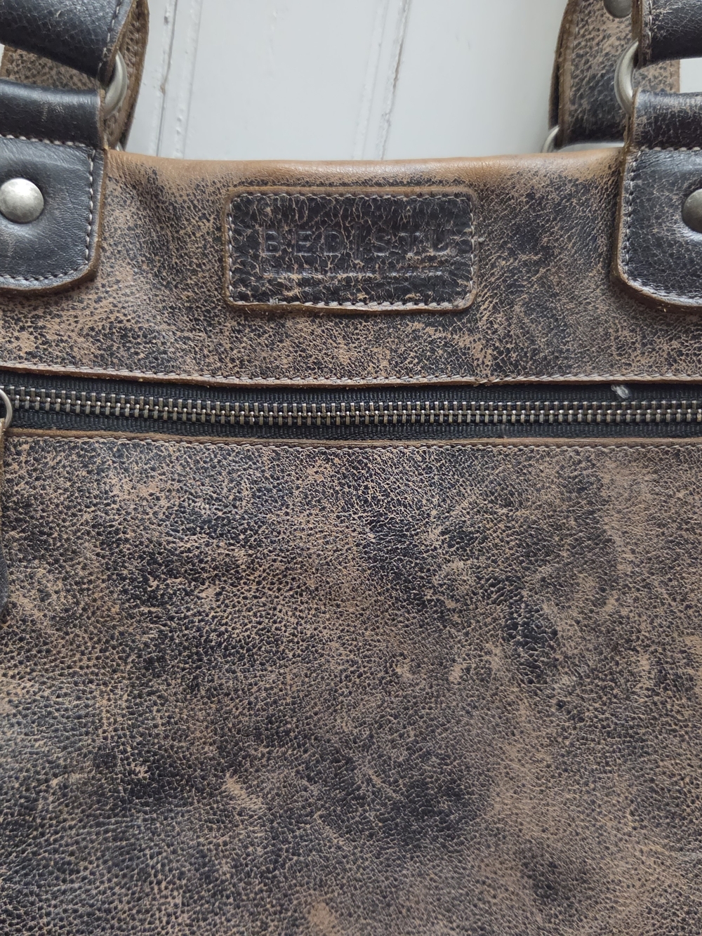 Bed Stu Big Fork Distressed Two-Tone Brown Leather Shoulder Bag Purse - Picture 16 of 16